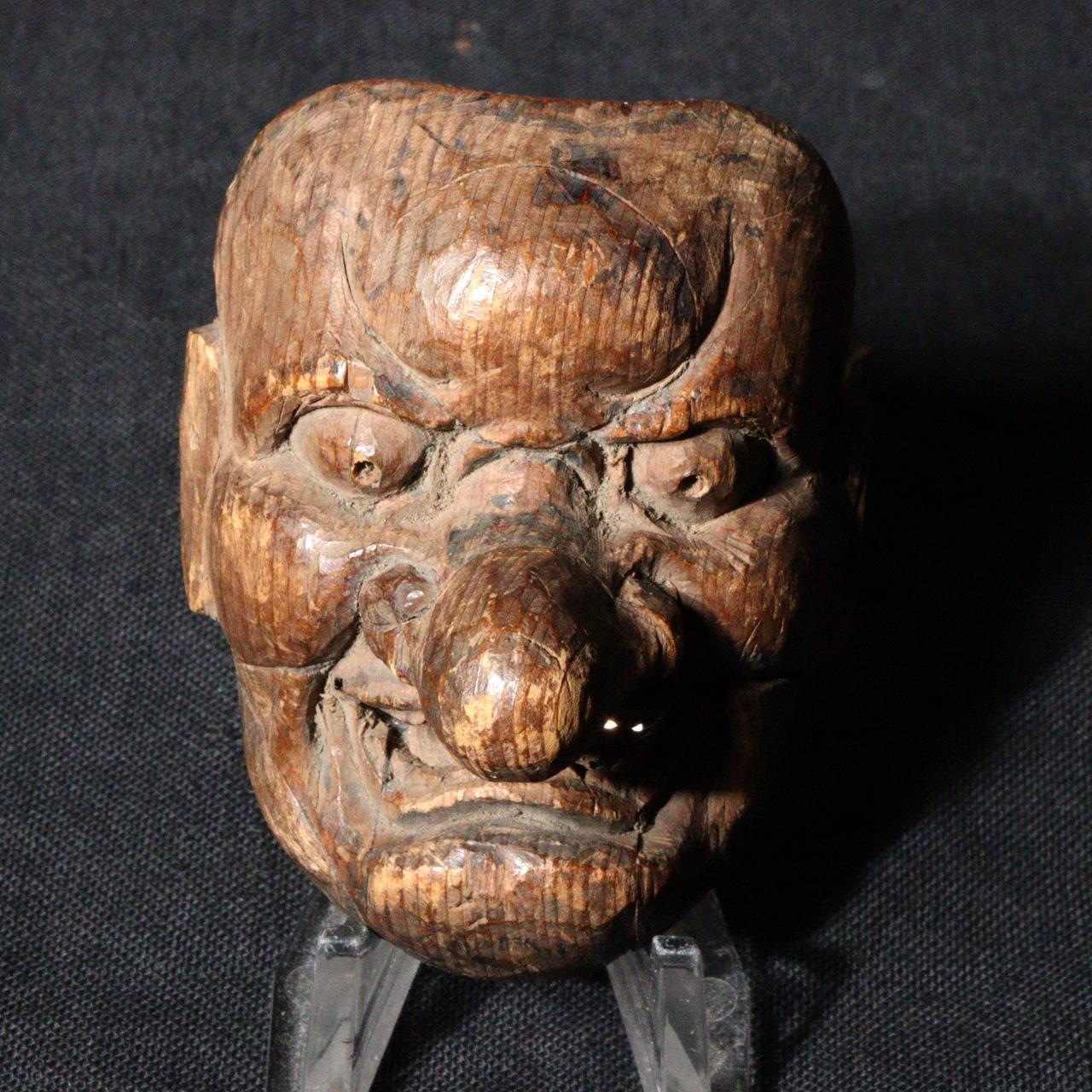 Antique wooden Tengu Mask Netsuke signed Noh Mask Japanese NW260