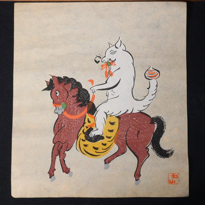 Fox Horse Otsu-e woodblock Emakimono scroll Japanese picture makuri ASO322