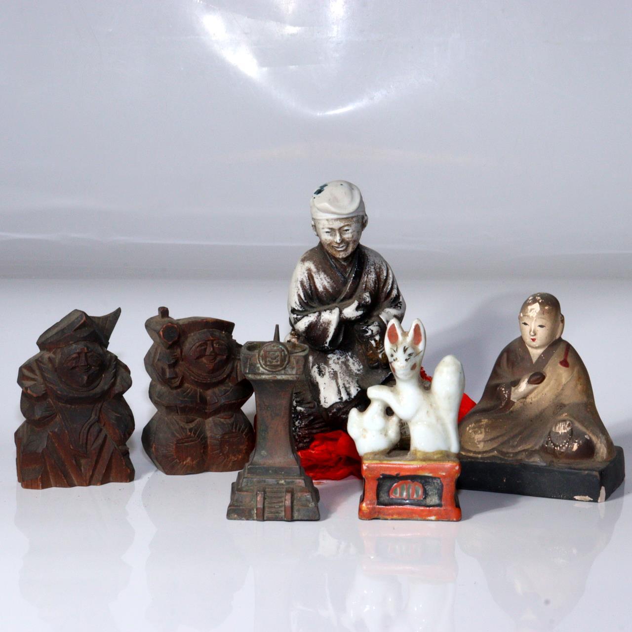 Japanese pottery Wood clay Buddha statue Ebisu Daikoku Inari Fox ornament WB171