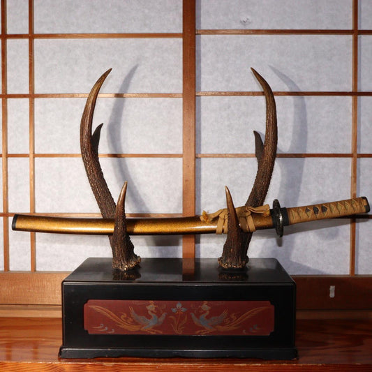Japanese wooden Black lacquer Sword Rack Stand deer antlers Makie Phoenix design