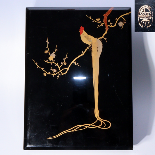 Japanese long tailed cock Zohiko wooden Gold Makie letters box Tebunko WBX274