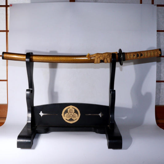 Japanese wooden Sword Rack Stand two swords Family crest SWR336