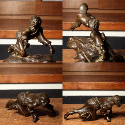 Antique Bronze Frog Gama sennin Nagoshi Family Ornament Japanese Toko-oki BOS819