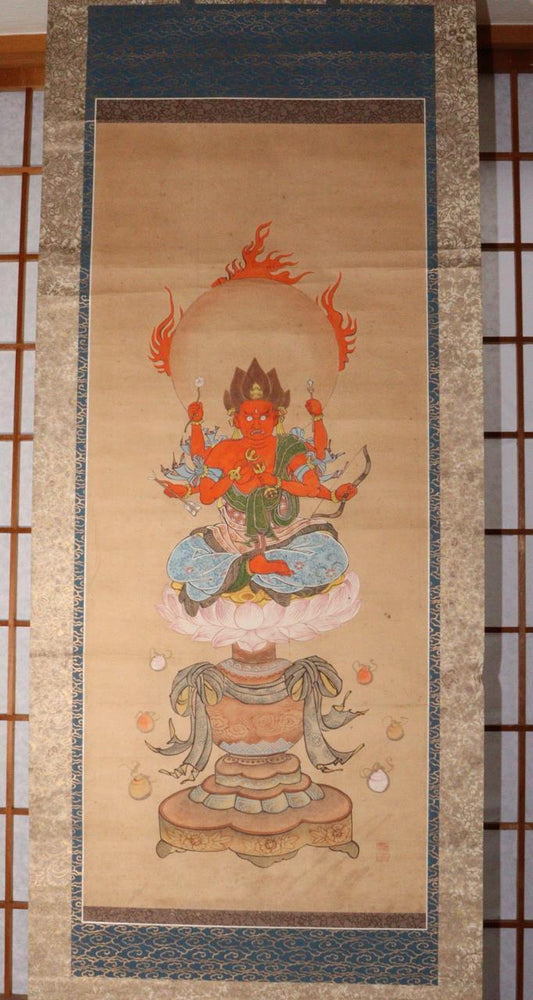 Japanese Kakejiku hanging scroll Emakimono Aizen Myo Esoteric Buddhism ASO304