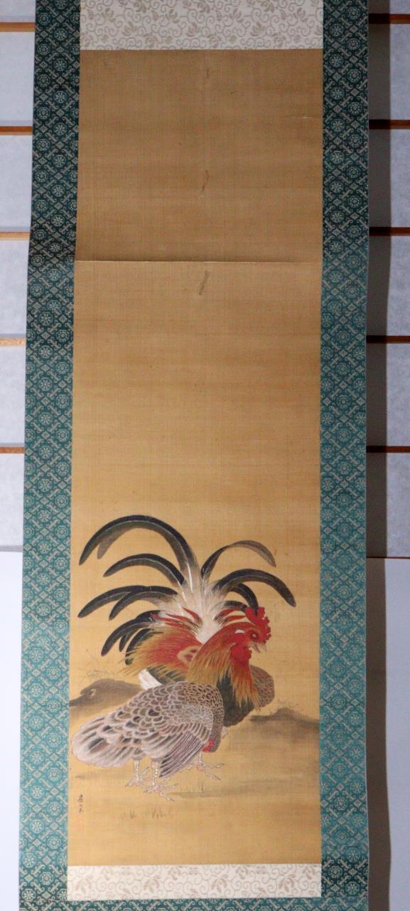 Japanese Kakejiku hanging scroll Couple Chicken Emakimono w / box ASO343