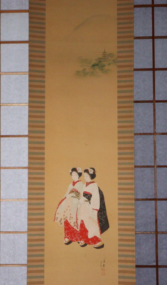 Japanese Kakejiku hanging scroll Maiko Emakimono w / box ASO335