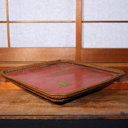 Antique wooden Okinawa Ryukyu Bon Red lacquer Makie square tray Japanese WBX238