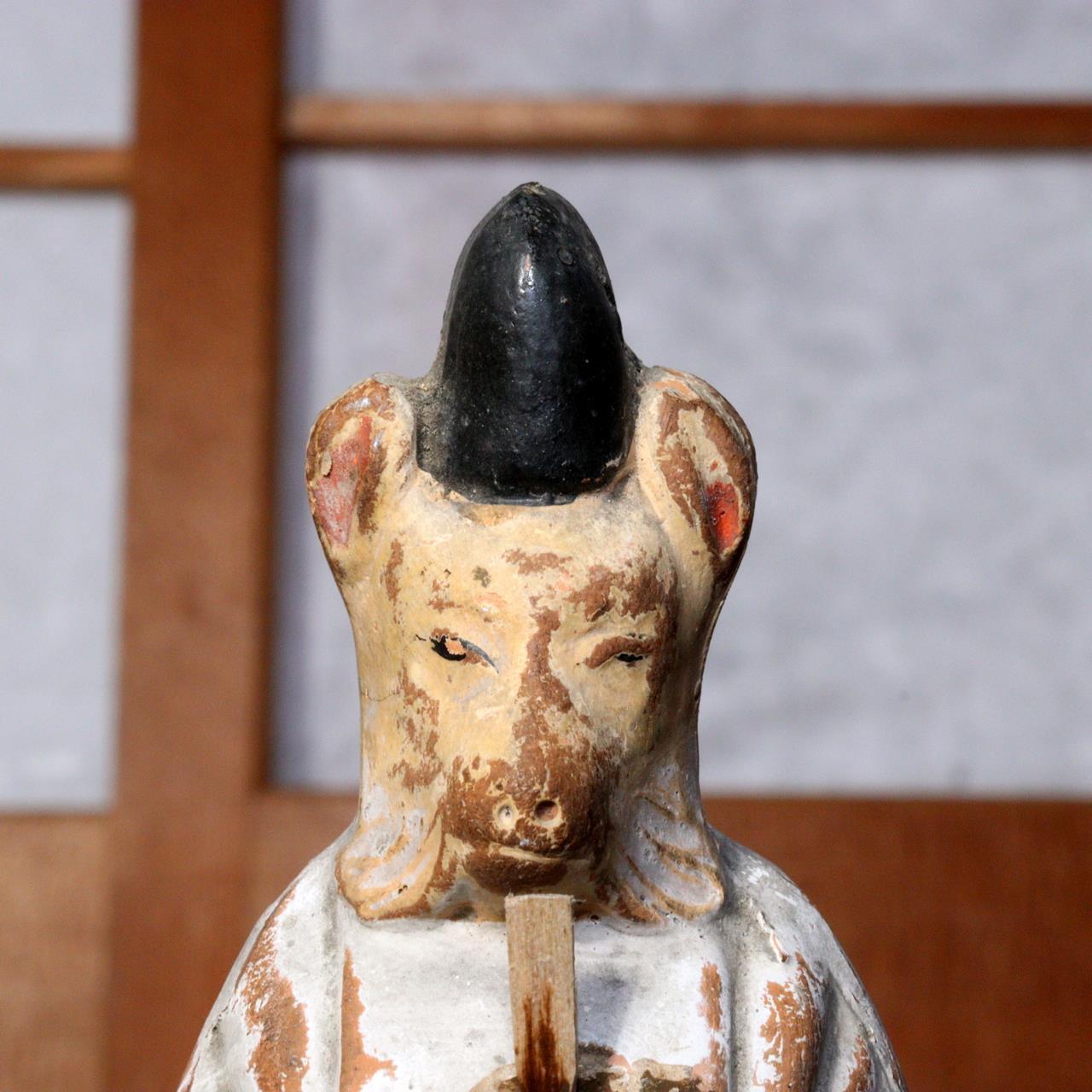 Japanese Antique Clay Doll Fox Inari Kannush Figure Kitsune Shinto Akasaka PO39