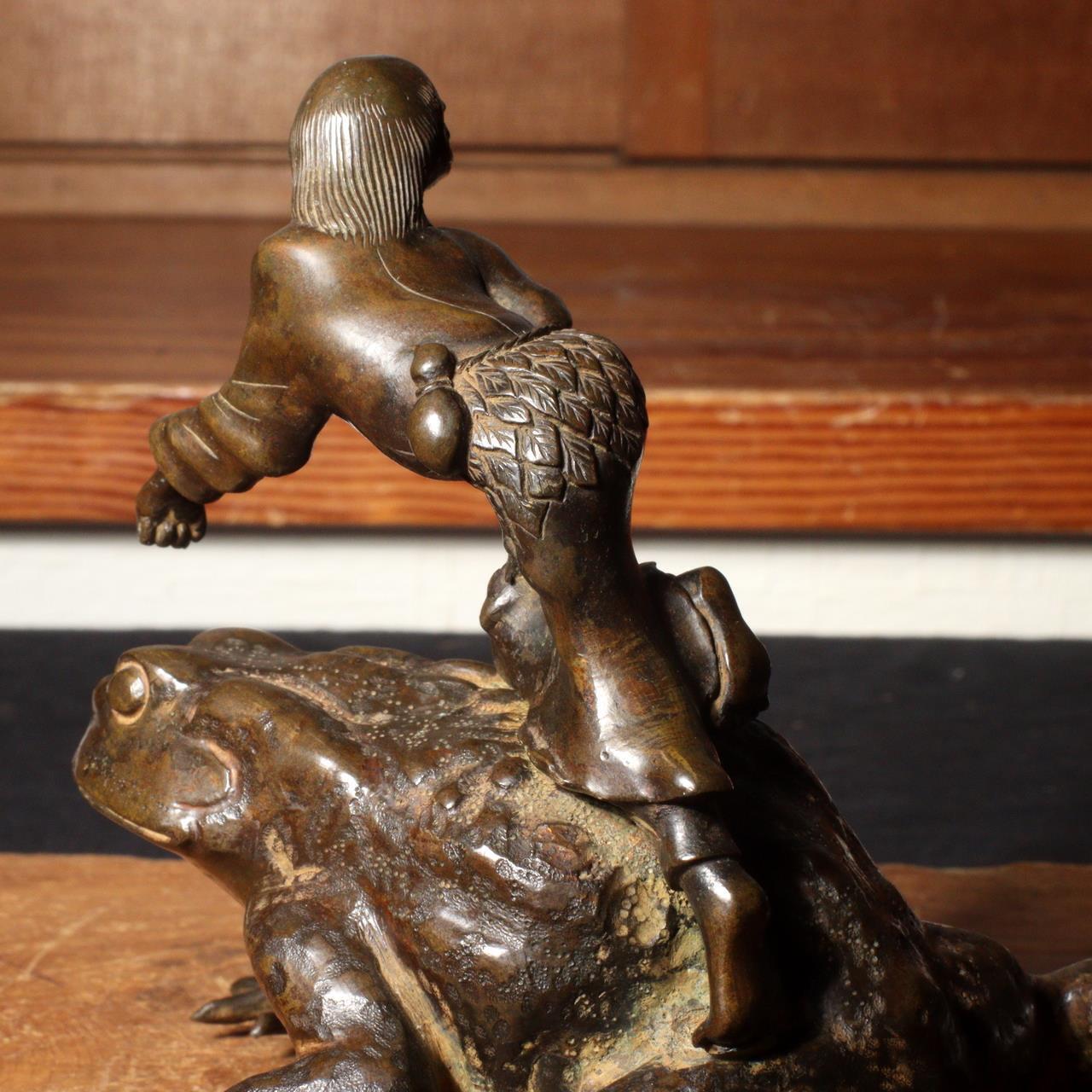 Antique Bronze Frog Gama sennin Nagoshi Family Ornament Japanese Toko-oki BOS819