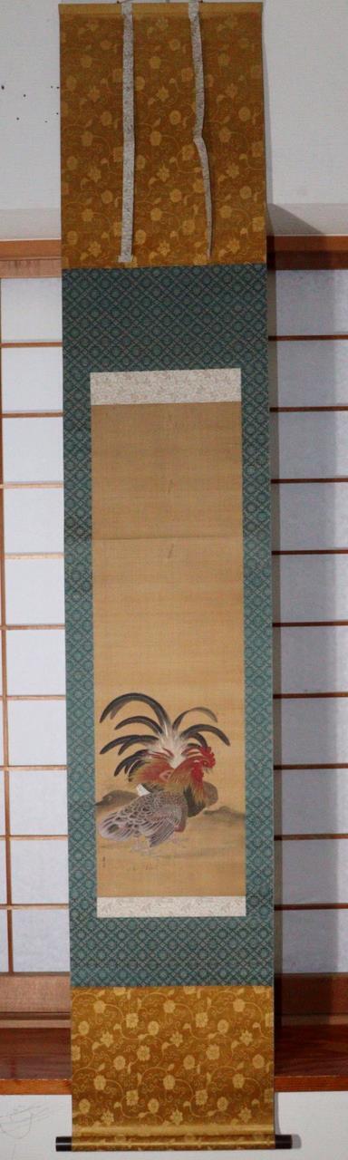 Japanese Kakejiku hanging scroll Couple Chicken Emakimono w / box ASO343