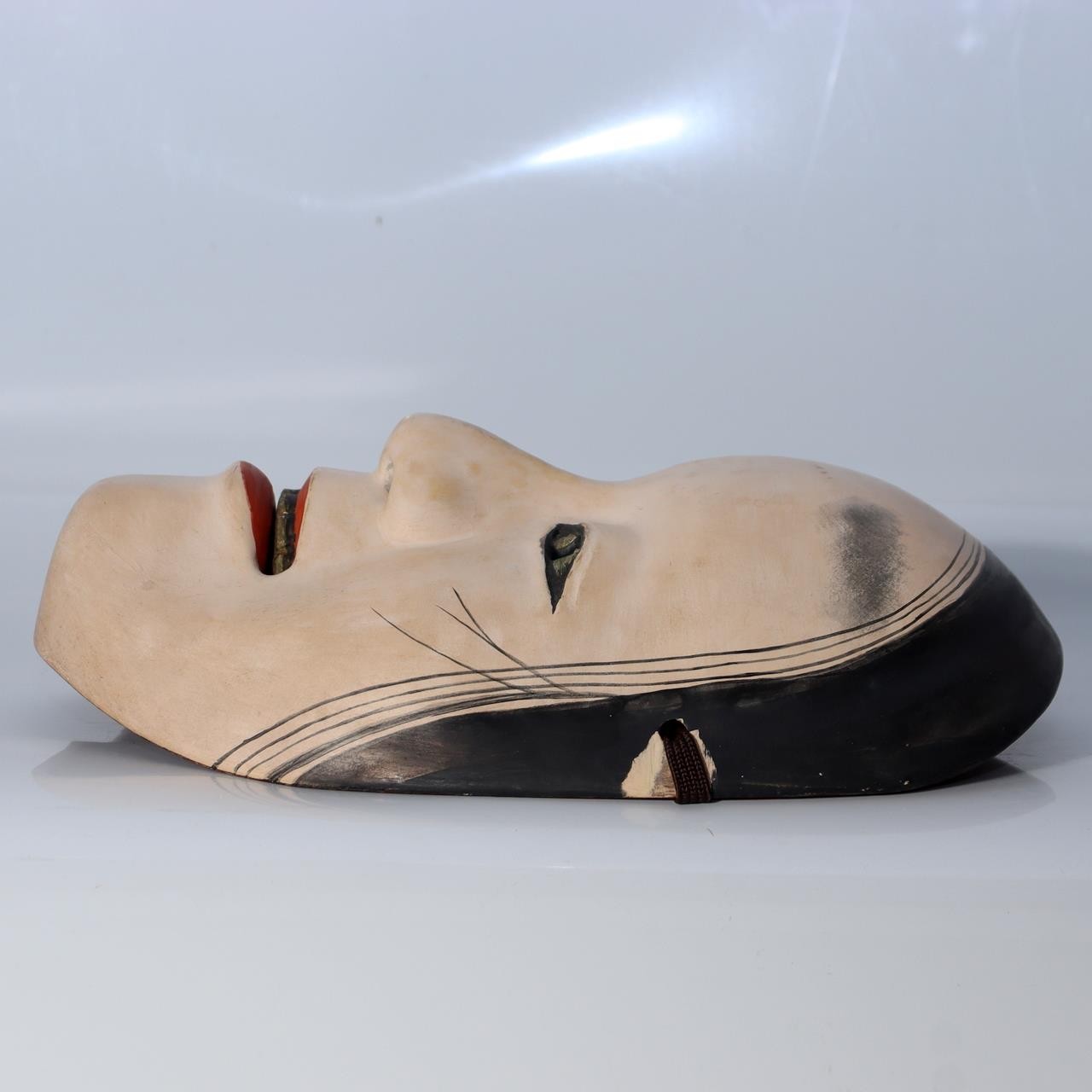 Japanese Carved Wooden Noh Mask Deigan Gold Eyes Signed with Mark Tomobako8