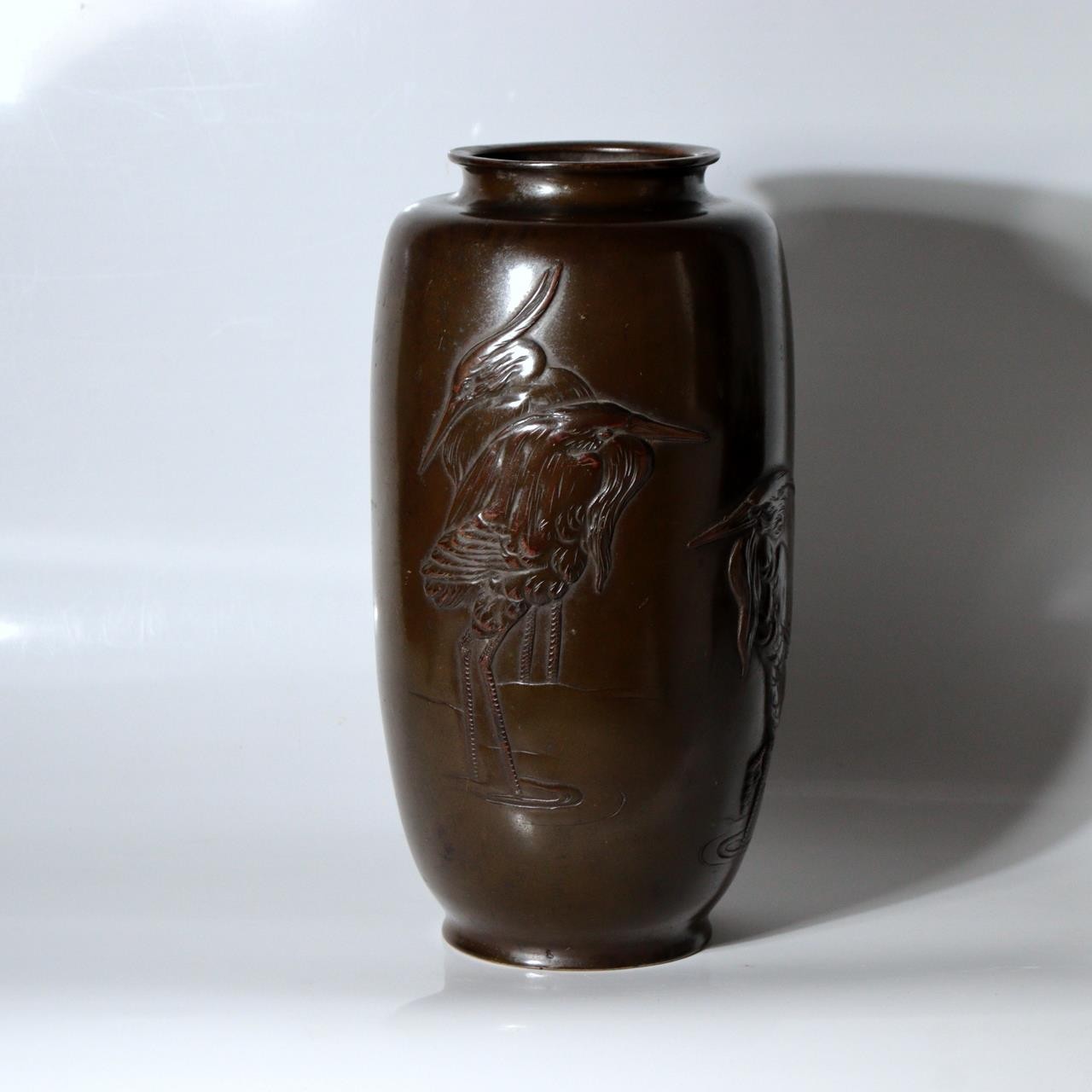 Antique Japanese Bronze Vase with Three Herons – Dated Wooden Box, 19313