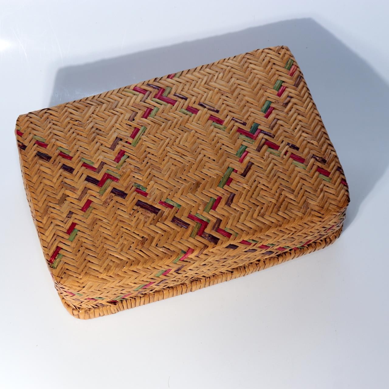 Vintage Japanese Woven Bamboo Rectangular Box Colored Diamond Pattern BVO710