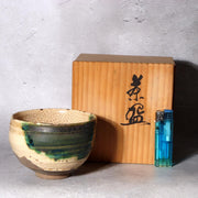 Japanese Seto-Oribe Matcha Tea Bowl Emerald Green Crackle Glaze Chawan Sidned0