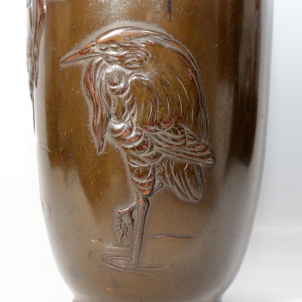 Antique Japanese Bronze Vase with Three Herons – Dated Wooden Box, 193112