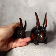 Japanese Bronze Rabbit Pair Okimono Statue Figurine Mottled Red Patina Zen6