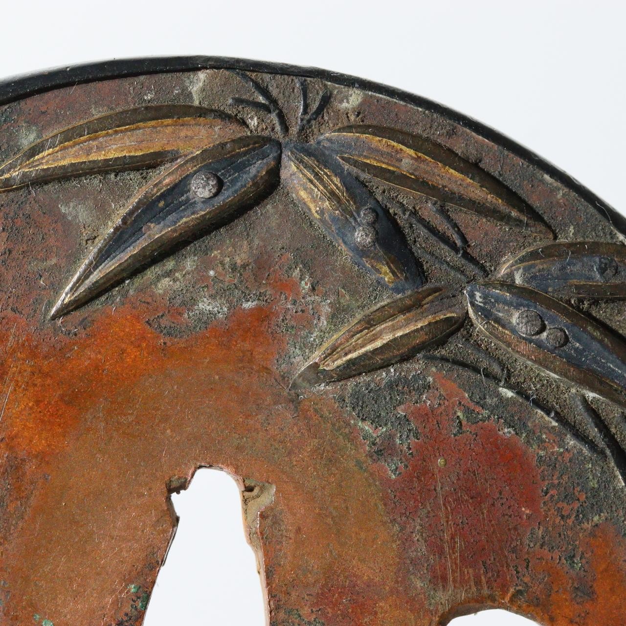 Antique Japanese Copper Gilt Bamboo Motif Tsuba Sword Guard Fukurin Rim STO9015