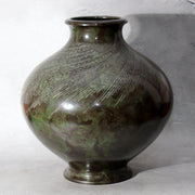 Japanese Bronze Vase Mottled Green Patina Engraved Lines Shimpo BV77113