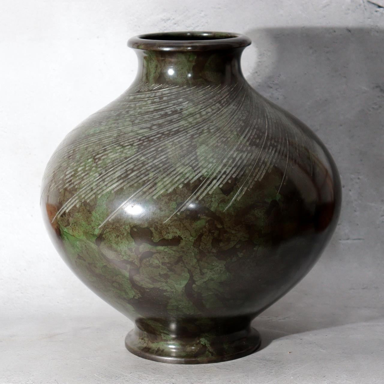 Japanese Bronze Vase Mottled Green Patina Engraved Lines Shimpo BV77113