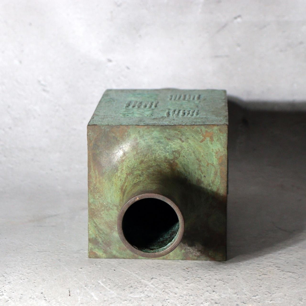 Vintage Japanese Katsumine Copper Bronze Bud Vase Square Geometric Motif6