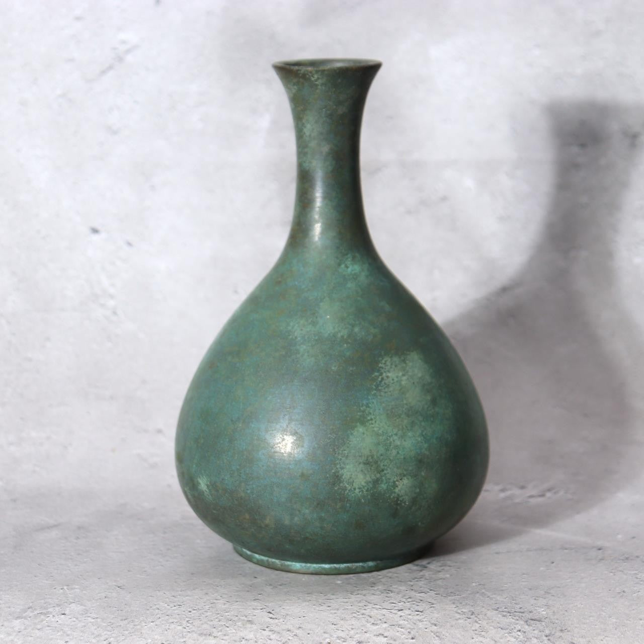 Vintage Japanese Seidou Bronze Vase - Turquoise Green Patina - Signed Tomobako1