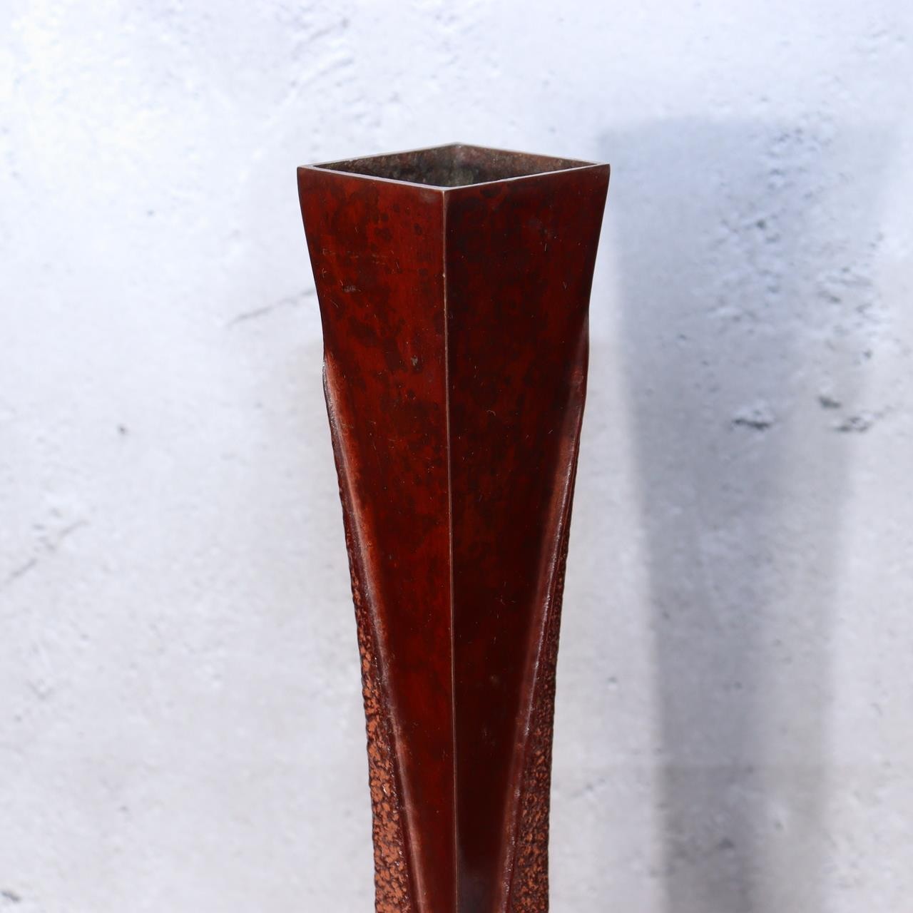 Japanese Bronze Twisted Vase Geometric Square Column Heavy Studio Ikebana Vessel12