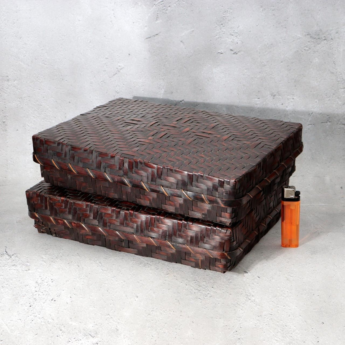 Vintage Japanese Bamboo Woven Rectangular Box Set of 2 Geometric Pattern Basket0