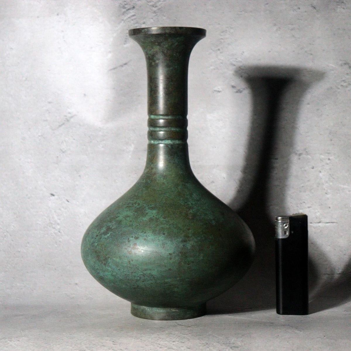 Vintage Japanese Takaoka Cast Bronze Vase Crane Neck by Zuiho Green Patina0