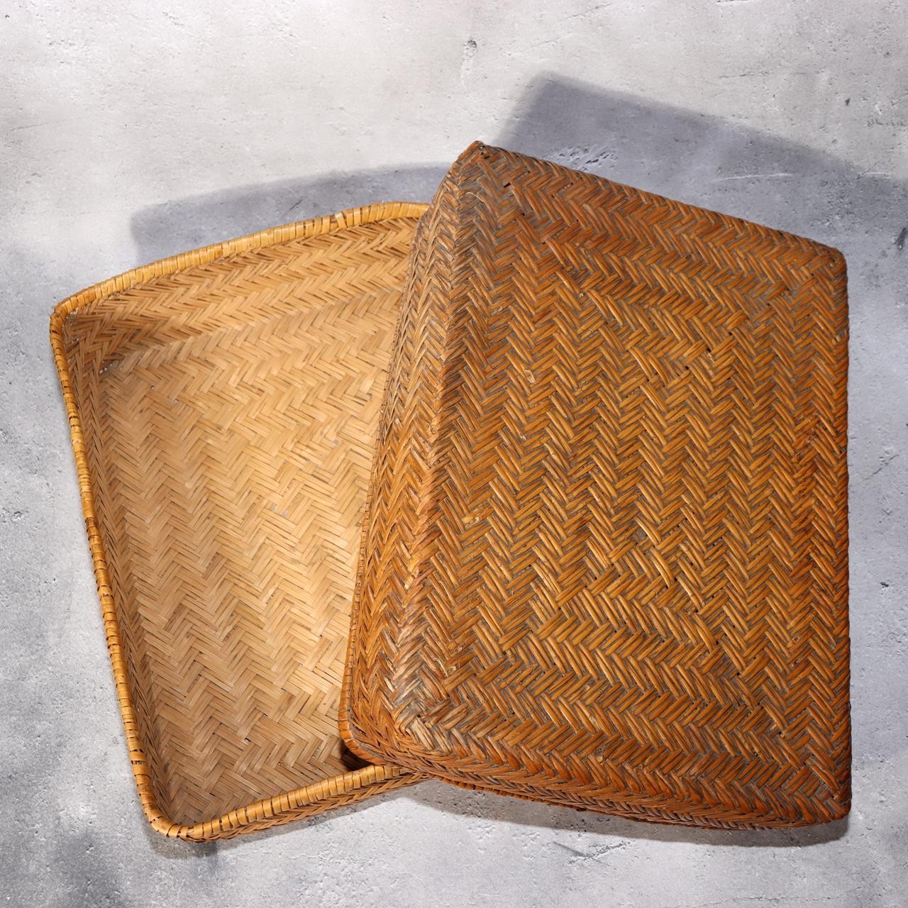 Japanese Vintage Bamboo Basket Box Lidded Storage Organizer Woven Rustic BVO680