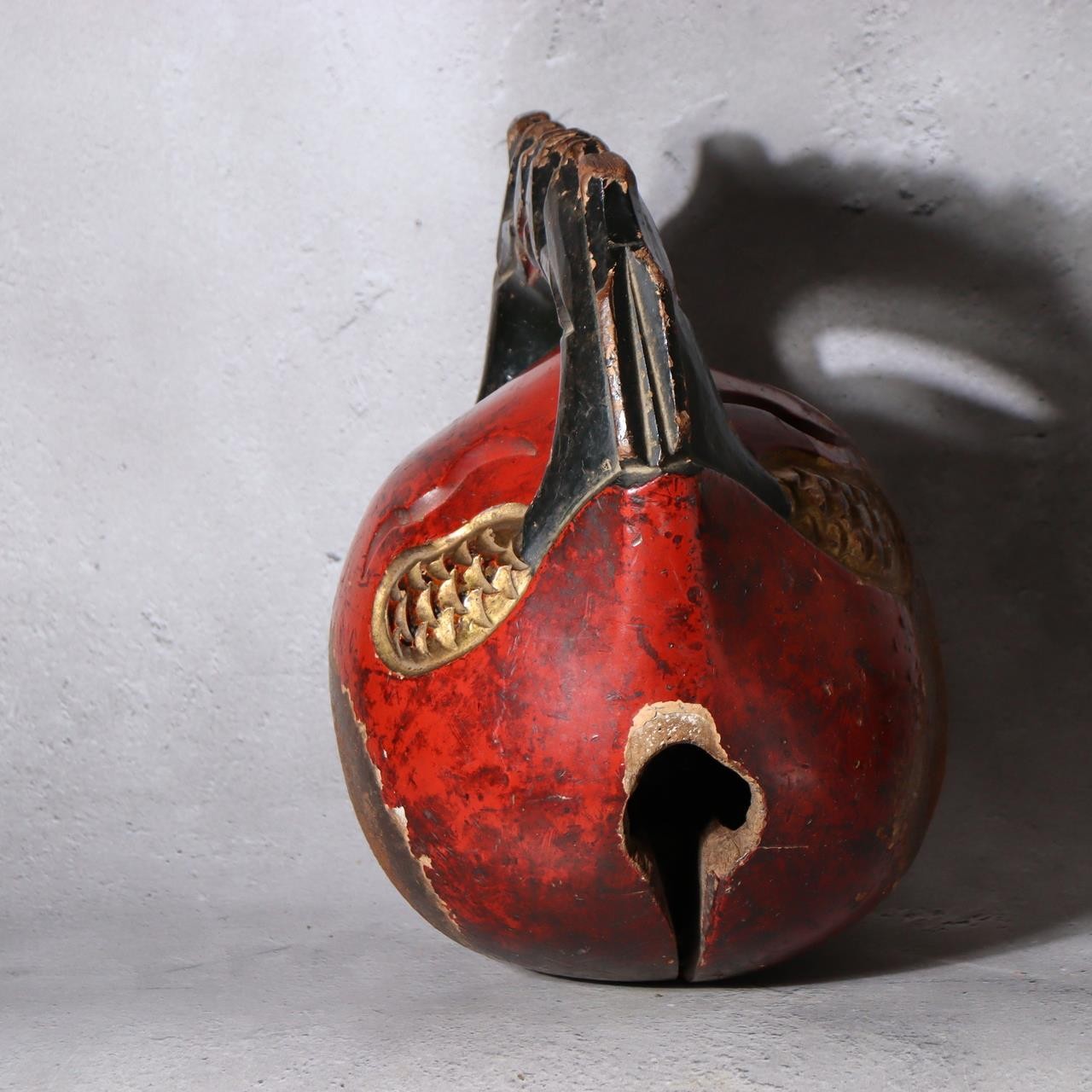 Antique Japanese Buddhist Mokugyo Temple Wood Block Drum Fish Motif Red 22cm2