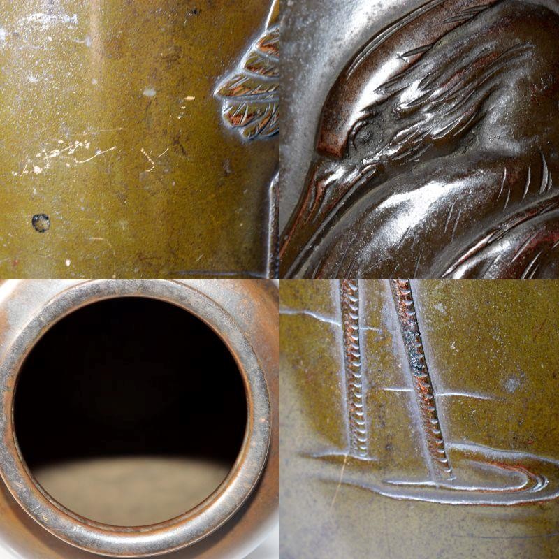 Antique Japanese Bronze Vase with Three Herons – Dated Wooden Box, 193118