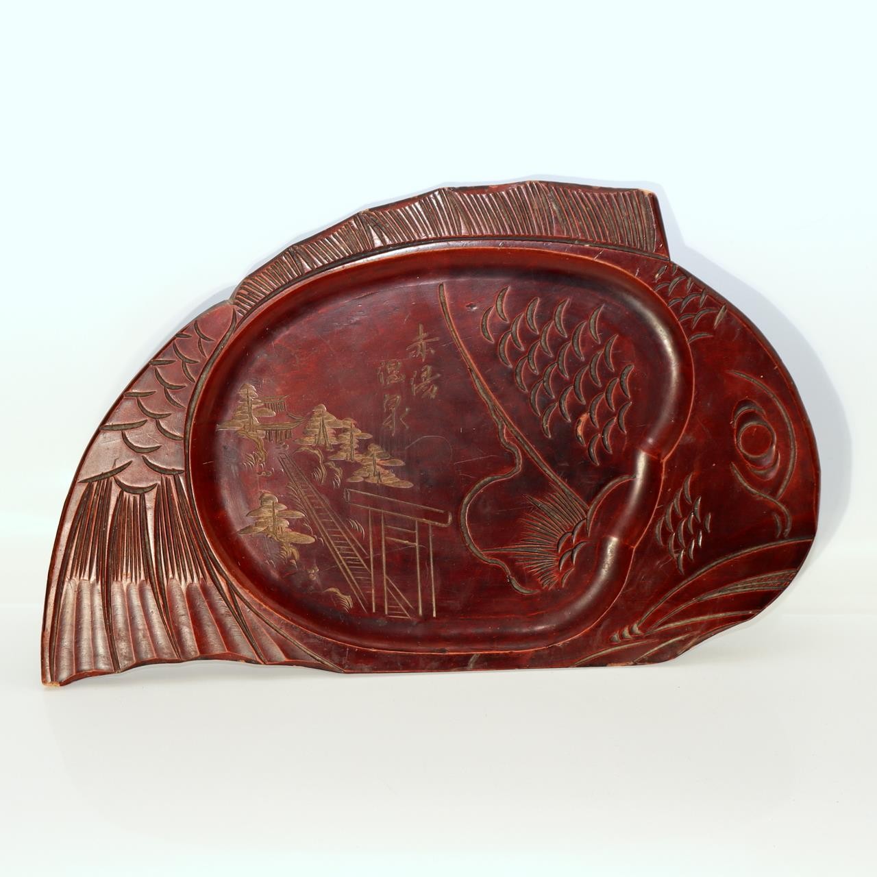 Japanese Vintage Wood Carved Sea Bream Tray Tai Akayu Onsen Souvenir 36cm0