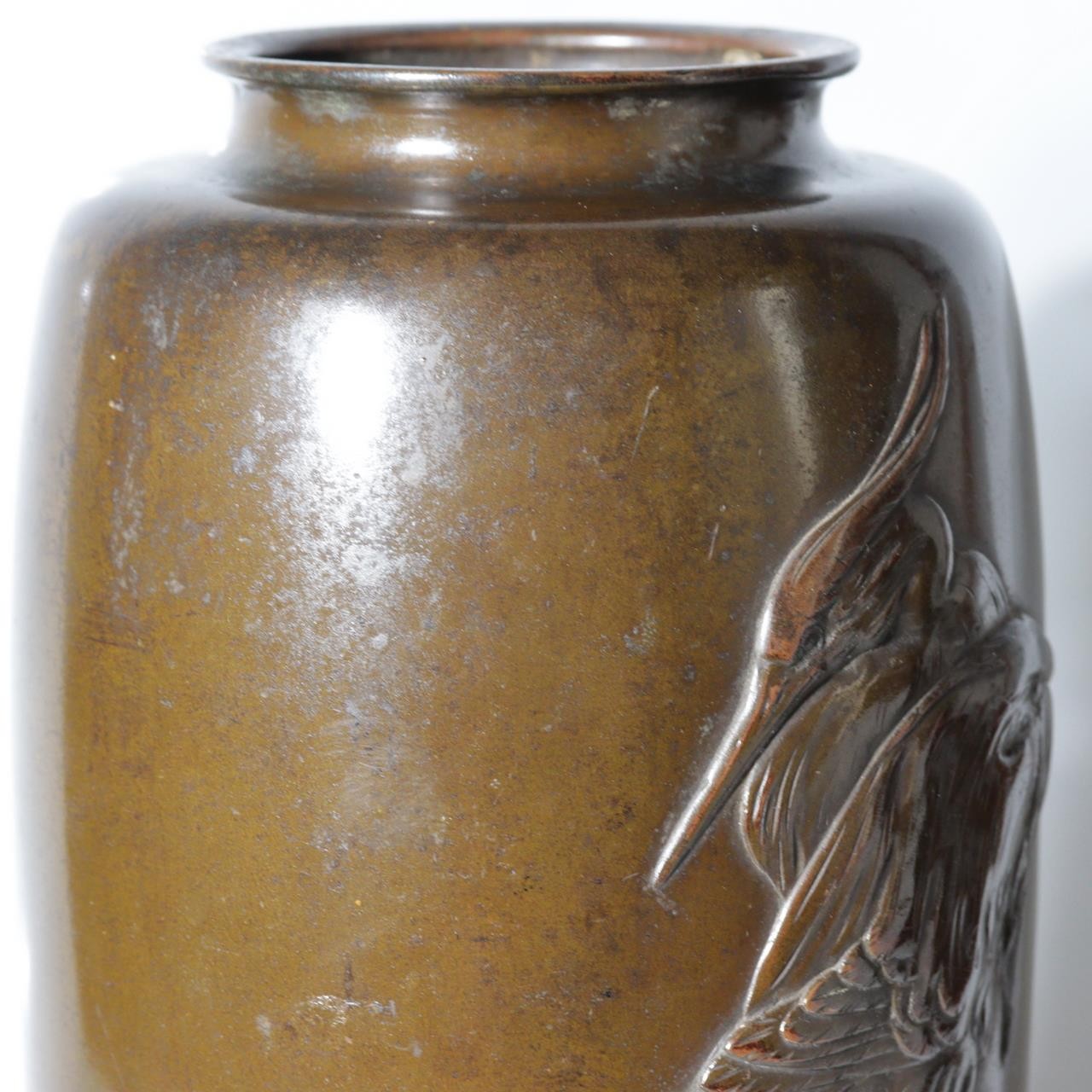 Antique Japanese Bronze Vase with Three Herons – Dated Wooden Box, 193120