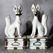 Pair of Vintage Japanese Clay Inari Fox Statues Traditional Gofun Finish Temple11