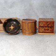 Vintage Japanese Bamboo Lidded Box Hakone Yosegi Chest Lacquer Sake Cup Set0