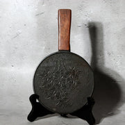 Antique Edo Period Bronze Hand Mirror Fujiwara Yoshikatsu Wooden Handle BOSa494