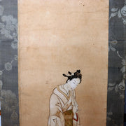 Edo Antique Paper Hanging Scroll Bijinga Hand Painted Woman Cat ASO44811