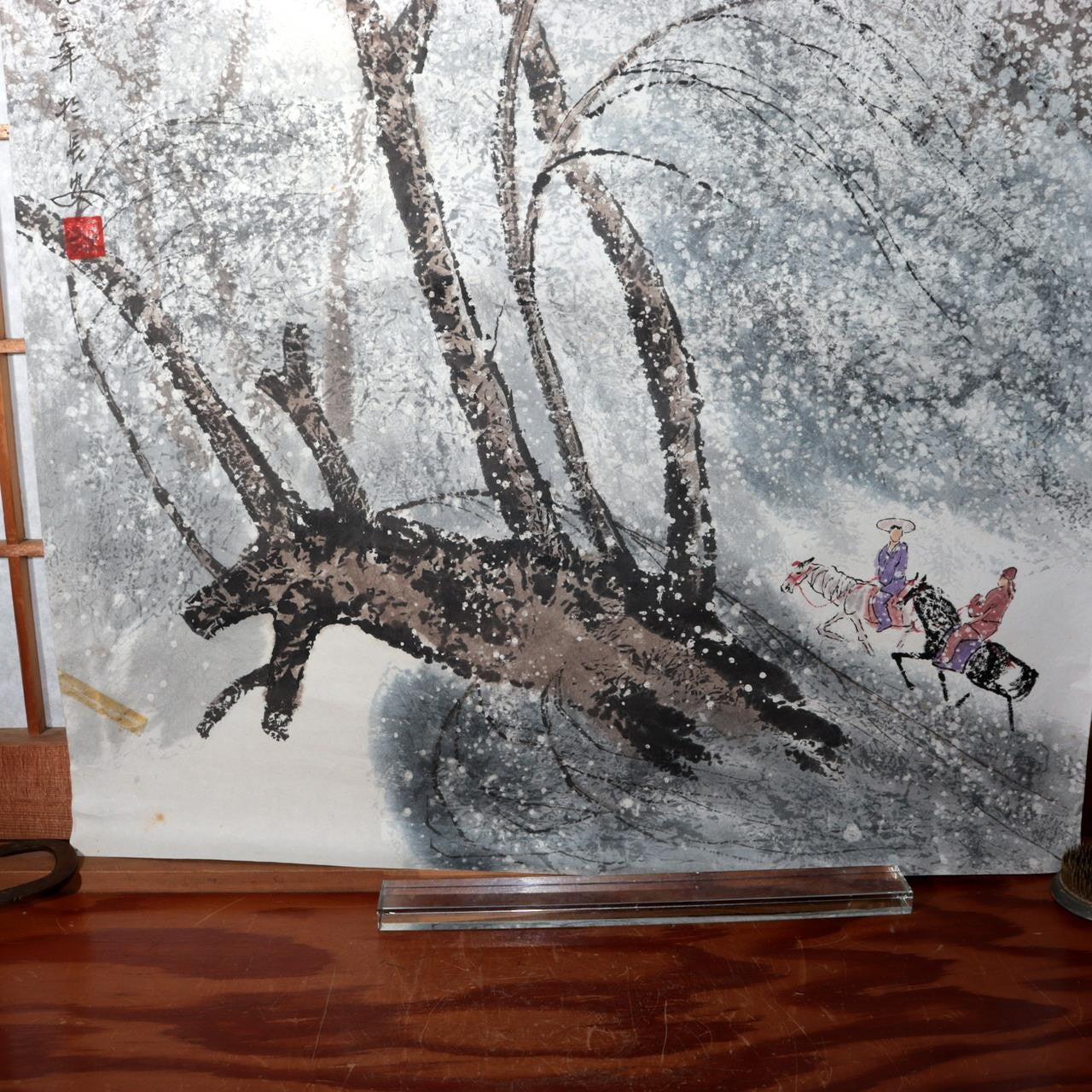 1993 Chinese Unmounted Ink Painting Makuri Snow Scene Willow Horse Riders8