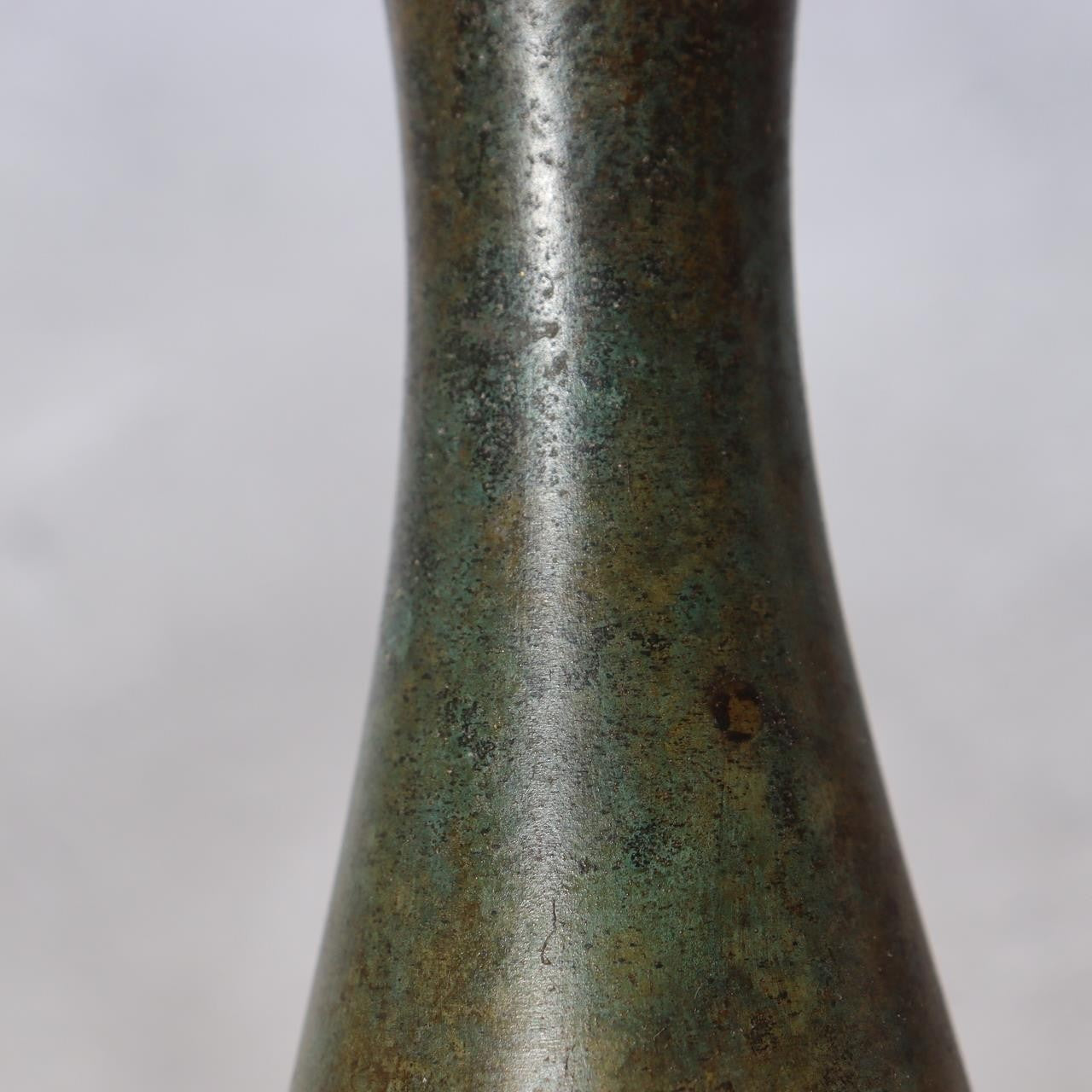 Vintage Japanese Bronze Vase  Slender Silhouette Vivid Verdigris Patina BV7487