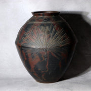 Vintage Japanese Mottled Purple Bronze Vase Signed Beisai Pine Cone Motif4