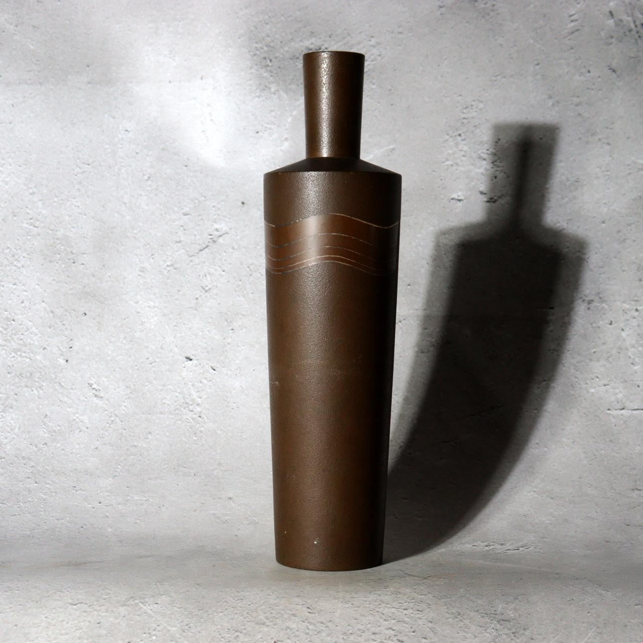Japanese Kaga Silver Inlay Bronze Vase Wave Motif Kaishu Takahashi BV7752