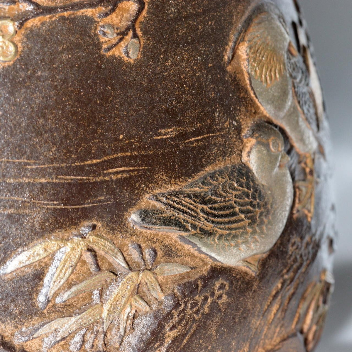Vintage Japanese Takaoka Copper Bronze Vase Ryusen Relief Inlay Mandarin Duck12