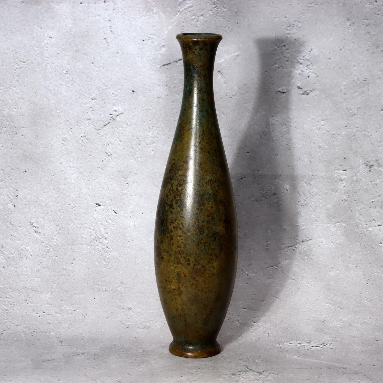 Vintage Japanese Bronze Vase  Slender Silhouette Vivid Verdigris Patina BV7480