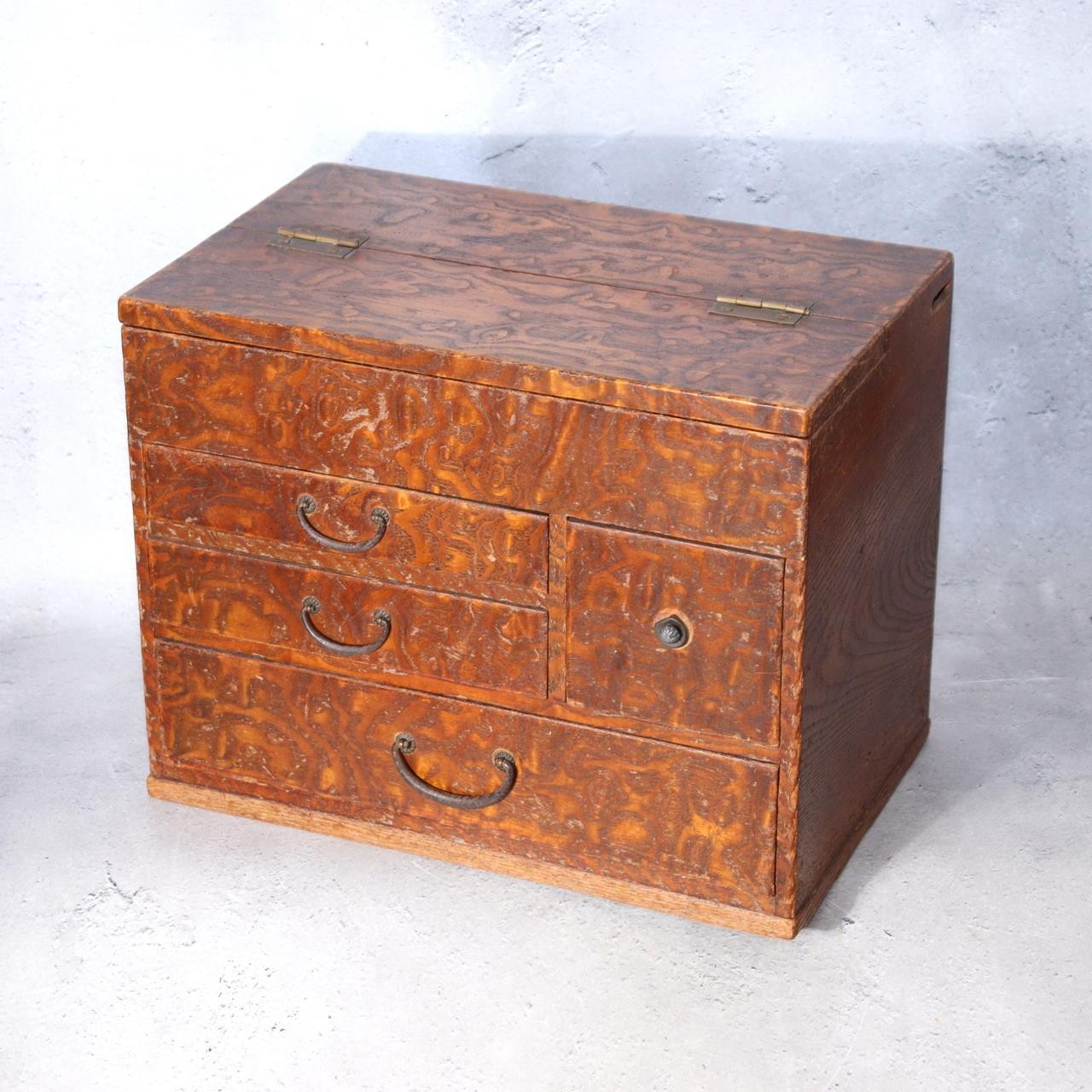 Vintage Japanese Haribako Sewing Box - Burl Wood Grain Showa Retro Multi-Drawer0