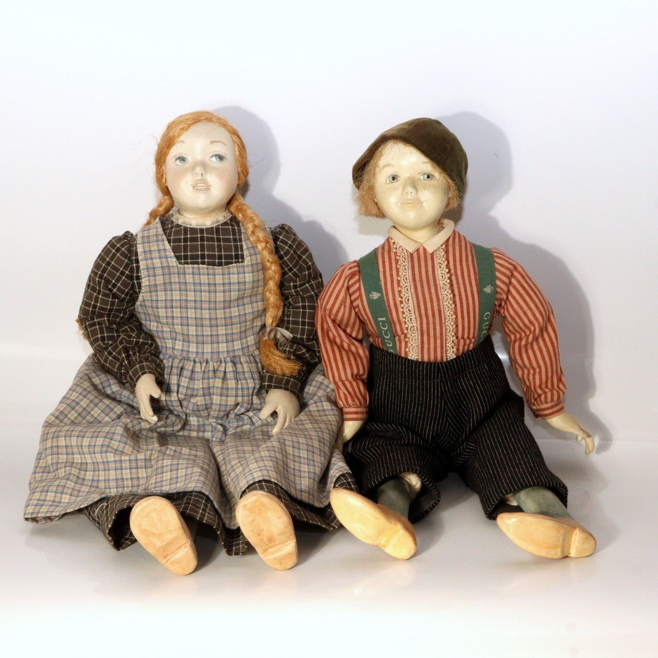 Pair of Vintage Japanese Wooden Dolls Signed Sadako 1984 Boy Girl Set0