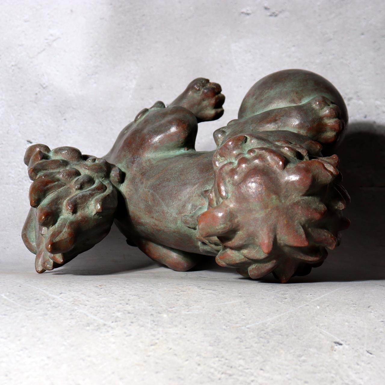 Vintage Japanese Cast Bronze Shishi Lion Statue Tama-tori Guardian Dog 4.2kg5