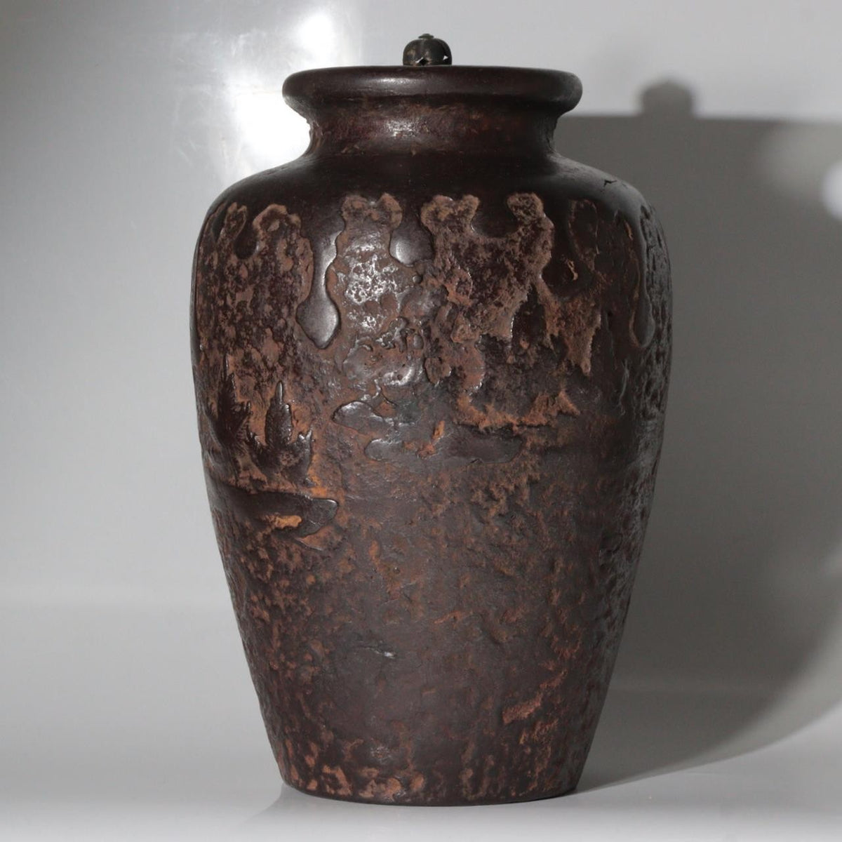 Antique Japanese Cast Iron Tea Jar Vase with Figural Relief and Later-Fitted Lid2