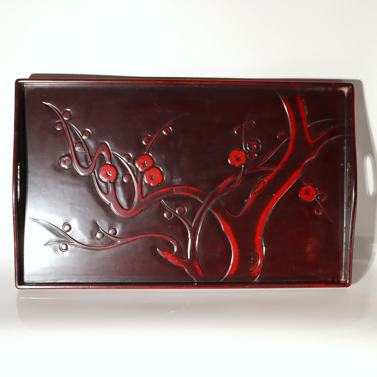 Japanese Lacquer Tray Set 2pc Tsuishu Carved Plum Rectangular Round WO5493