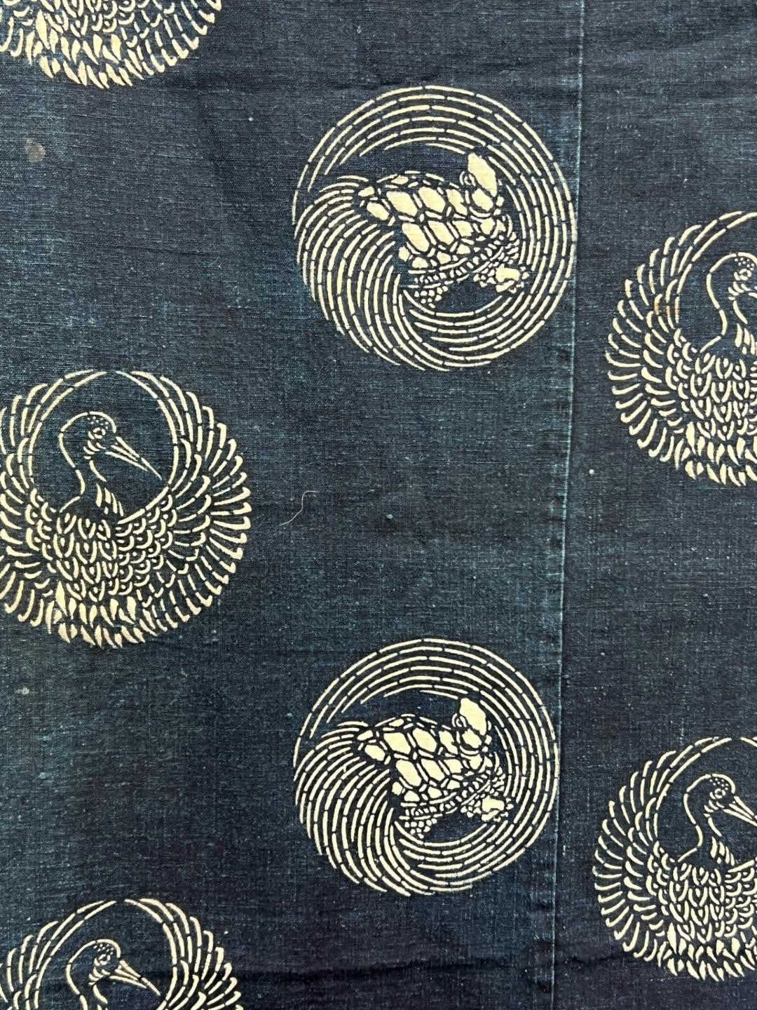 Meiji Period Japanese Indigo Katazome Cotton Fabric Crane Turtle BRKW17823