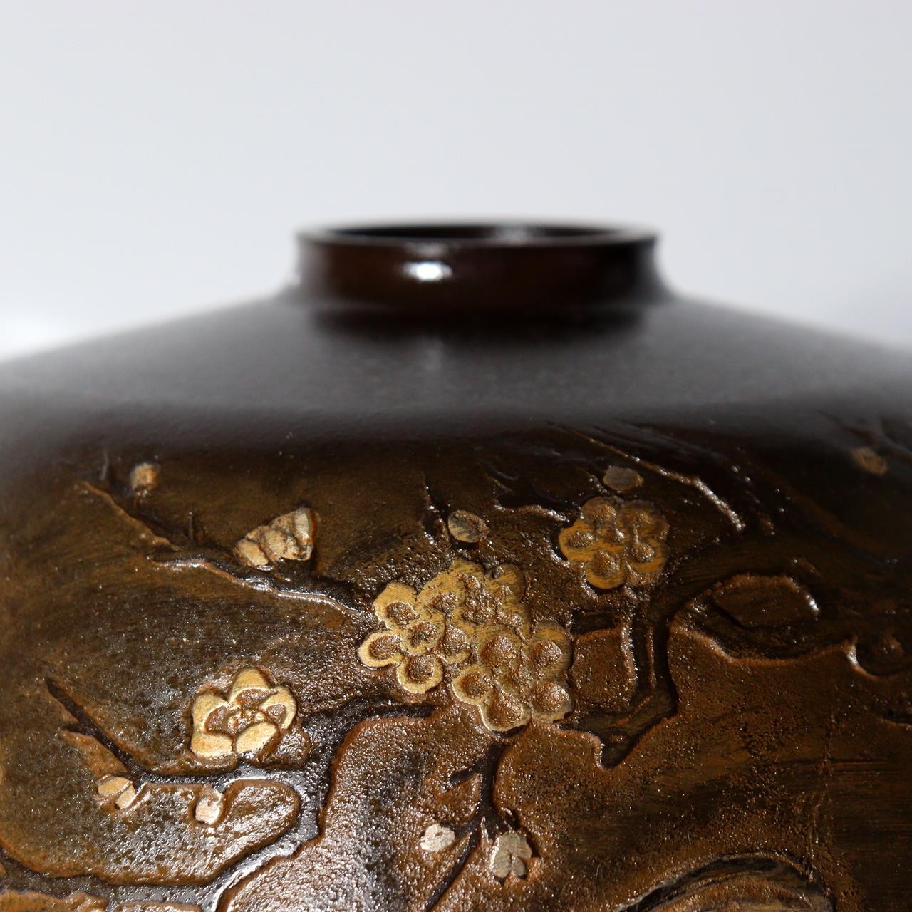 Vintage Takaoka Bronze Vase Ryusen Mandarin Duck Plum Bamboo Pattern BV76012